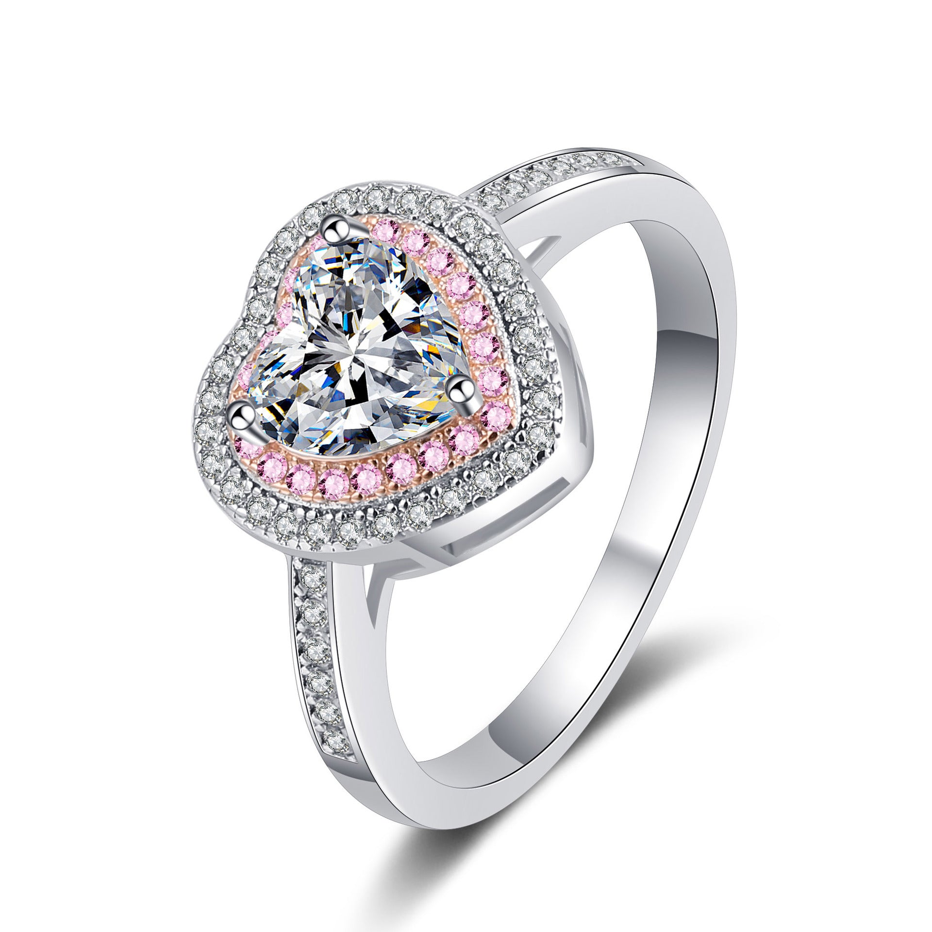 White and Pink Moissanite Heart Shaped Ring