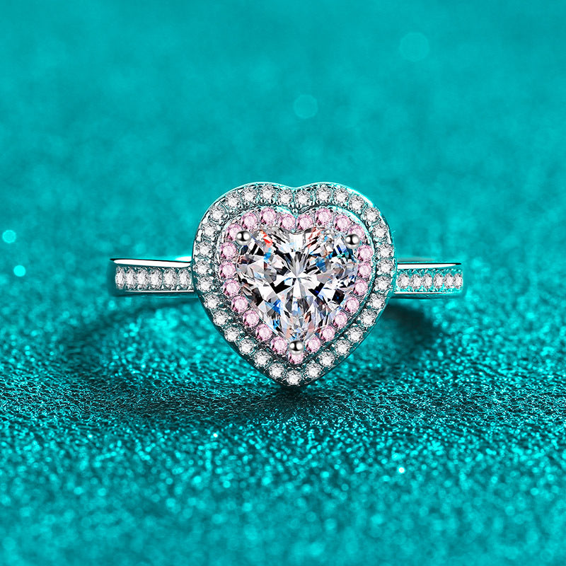 White and Pink Moissanite Heart Shaped Ring