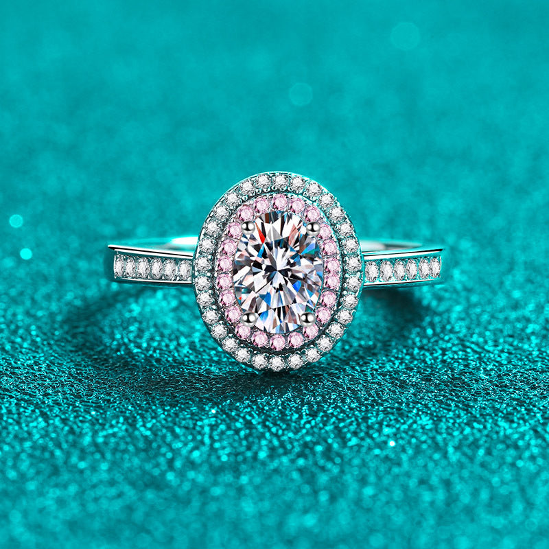 White and Pink Moissanite Oval Ring