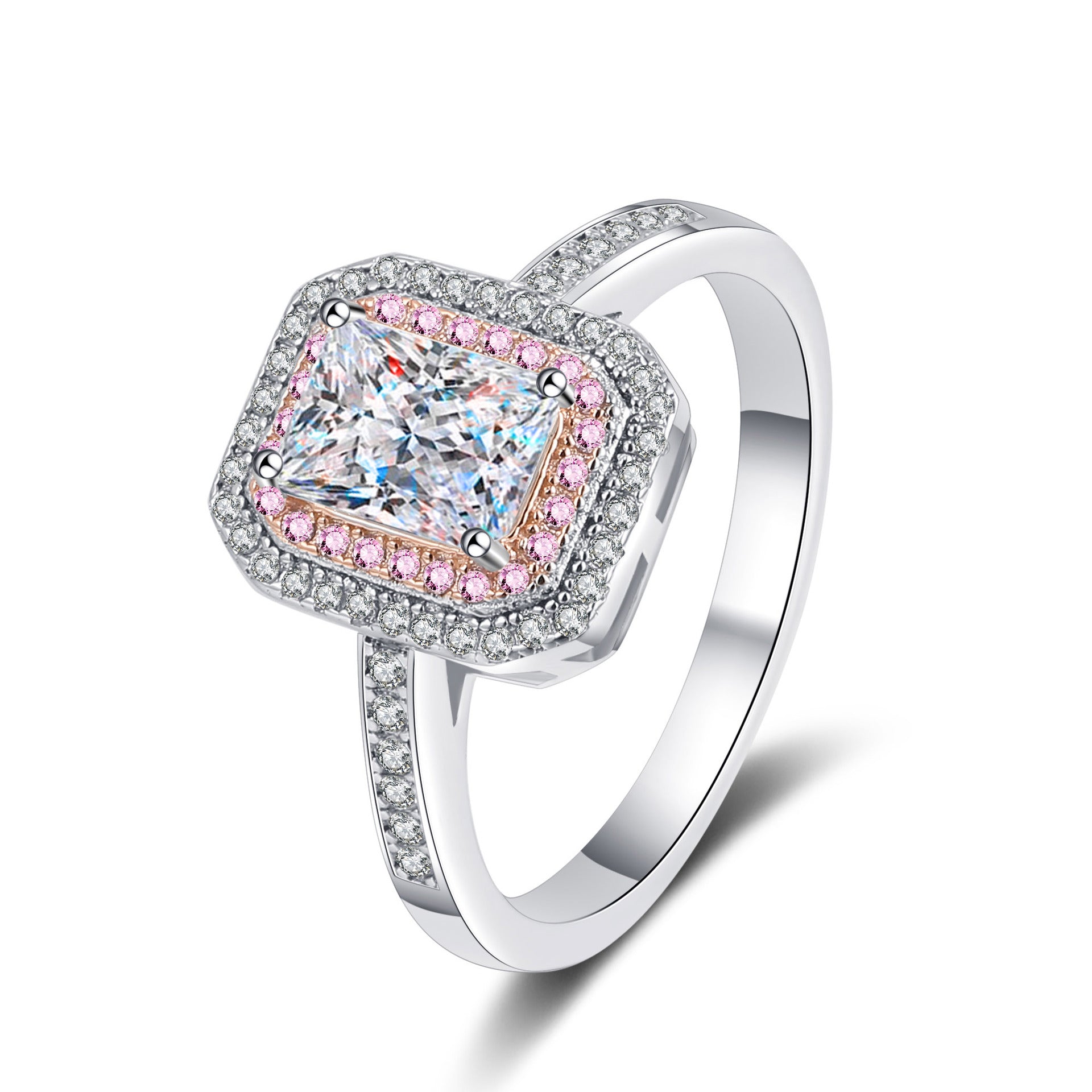 1 Carat White and Pink Moissanite Radiant Cut Ring