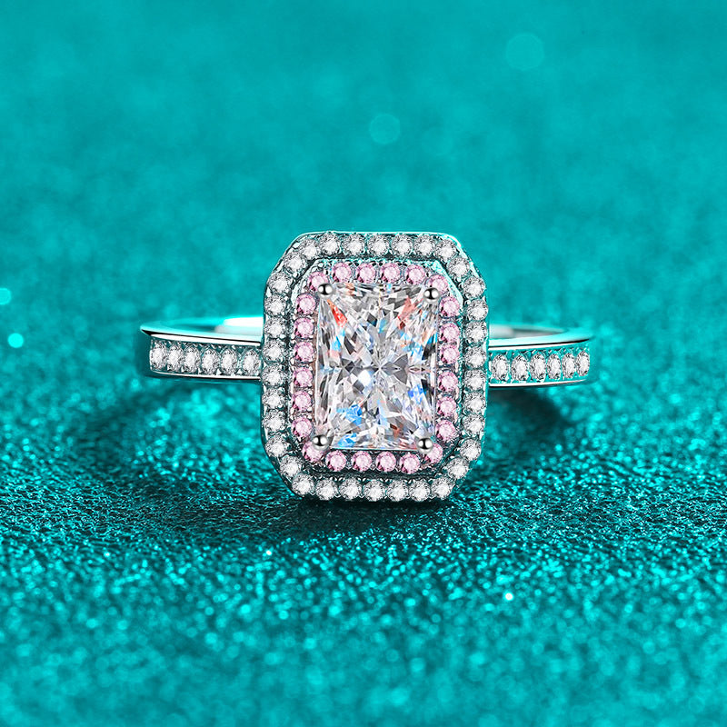 1 Carat White and Pink Moissanite Radiant Cut Ring