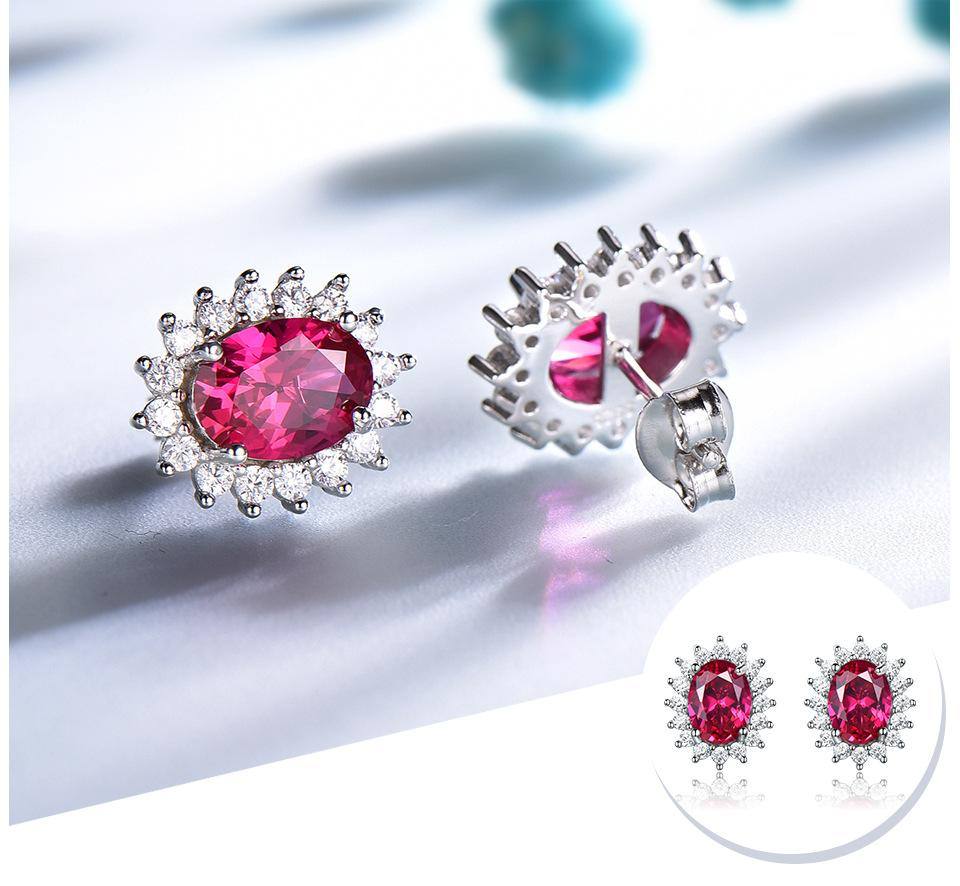 Flower Oval Ruby Studs Earrings - HERS