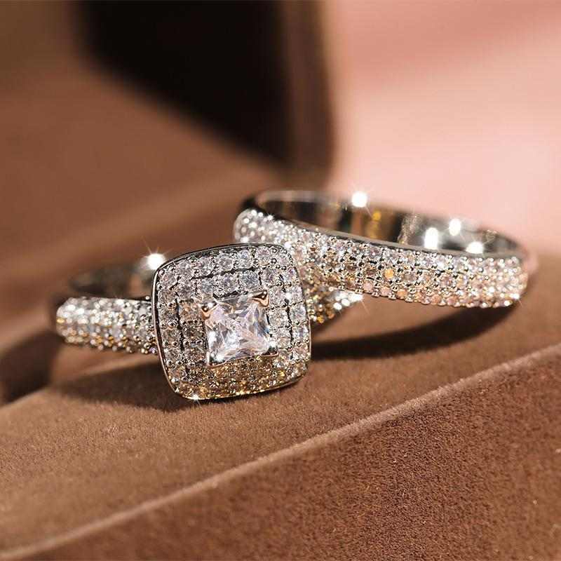 Couple Princess Square Gemstone Ring Set - HERS